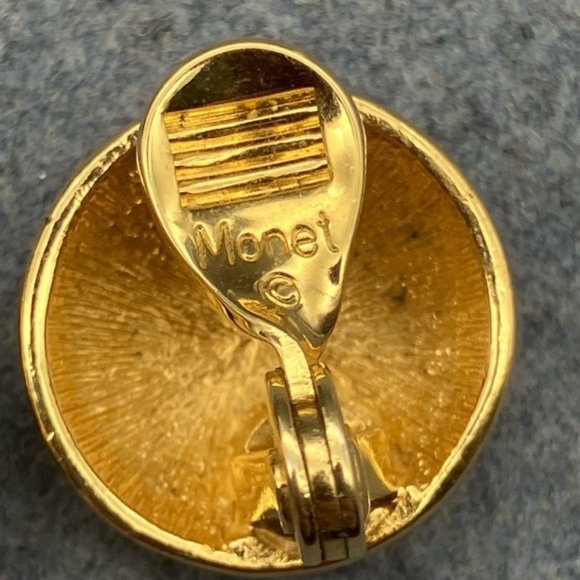 Monet Clip On Earrings Black Enamel Gold Stripe Round Domed Retro Vintage Granny - Picture 6 of 7